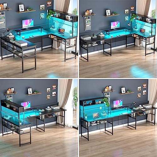 Unikito U Shaped Desk with Hutch, Reversible L Shaped Computer Desk with Power Outlets and LED Strip, Large Office Table with Monitor Stand and Storage Shelves, 83 Inch U Shape Gaming Desk, Black