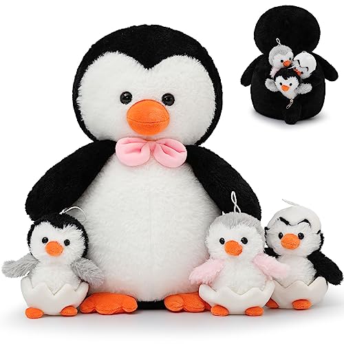 Karister Penguin Stuffed Animal Plush 16.5" with 3 Baby Penguins,Penguin Gifts for Kids,Women,Girl,Boy,Mini Penguin Plush,Stuffed Penguin Toy for Birthday, Christmas, Children's Day.