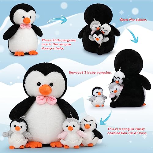 Karister Penguin Stuffed Animal Plush 16.5" with 3 Baby Penguins,Penguin Gifts for Kids,Women,Girl,Boy,Mini Penguin Plush,Stuffed Penguin Toy for Birthday, Christmas, Children's Day.