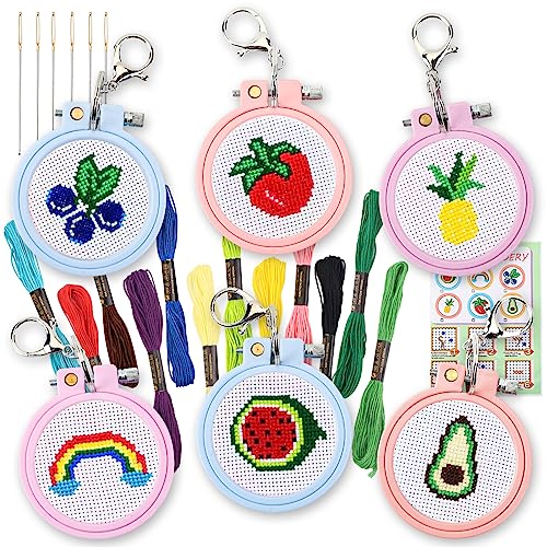 Joysup 6 PCS Embroidery Kit for Beginners Stamped Cross Stitch DIY Key Chain with Fruits Patterns Kits Craft Supplies for Beginners with Instruction Needlepoint Kits Embroidery Kit for Beginners