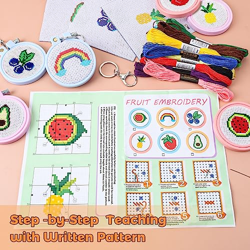 Joysup 6 PCS Embroidery Kit for Beginners Stamped Cross Stitch DIY Key Chain with Fruits Patterns Kits Craft Supplies for Beginners with Instruction Needlepoint Kits Embroidery Kit for Beginners