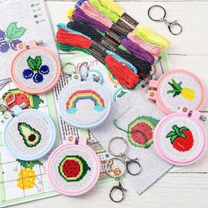 Joysup 6 PCS Embroidery Kit for Beginners Stamped Cross Stitch DIY Key Chain with Fruits Patterns Kits Craft Supplies for Beginners with Instruction Needlepoint Kits Embroidery Kit for Beginners