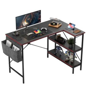 homall l shaped gaming desk, 47" computer desk with carbon fiber surface, home office writing workstation with space-saving corner, easy to assemble, black