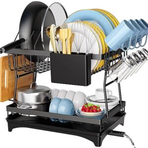 PKBD Rustproof Dish Drying Rack, 2 Tier Dish Rack with Drainboard, Cup Holder, Detachable Dish Drainer Organize Shelf with Utensil Holder Set, Large Dish Racks for Kitchen Counter, Black