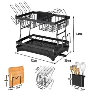 PKBD Rustproof Dish Drying Rack, 2 Tier Dish Rack with Drainboard, Cup Holder, Detachable Dish Drainer Organize Shelf with Utensil Holder Set, Large Dish Racks for Kitchen Counter, Black