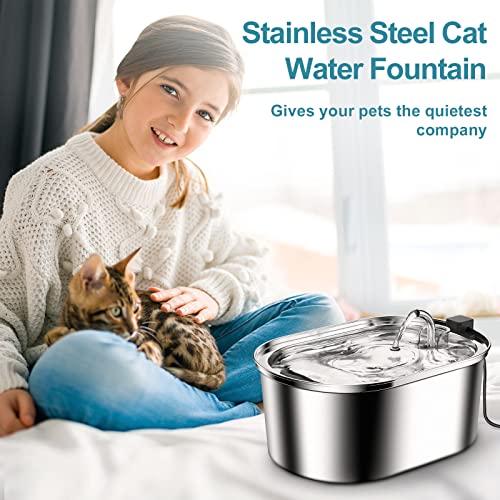 Cat Water Fountain Stainless Steel - Water Fountain for Cats Inside with Ultra-Quiet Pump, 3.2L/108oz Cat Fountains for Drinking, Automatic Cat Fountain Water Bowl for Multiple Pets