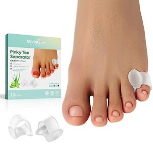 welnove gel toe separator, 12 pack pinky toe spacers, aloe vera extract infused silicone little toe spacers, bunion corrector, bunion cushions pads for preventing rubbing & relieve pressure
