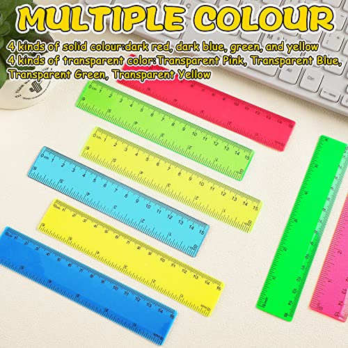Harloon 480 Pack Clear Color Plastic Ruler Bulk for Classroom Kids Student Back to School Office Supplies Straight Rulers with Centimeters Inches 8 Colors Transparent Flexible Ruler (6 Inch)