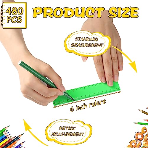 Harloon 480 Pack Clear Color Plastic Ruler Bulk for Classroom Kids Student Back to School Office Supplies Straight Rulers with Centimeters Inches 8 Colors Transparent Flexible Ruler (6 Inch)