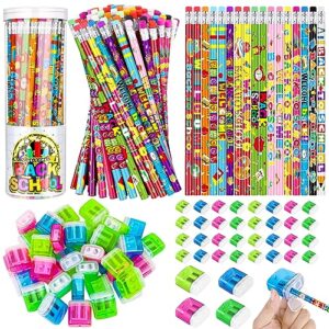 aodaer 144 pieces welcome back to school pencils and pencil sharpeners first day of school student pencils with erasers and bucket for classroom reward prizes school supplies,12 styles