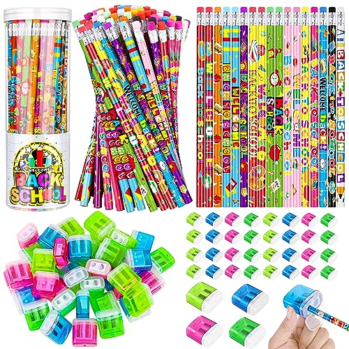 Aodaer 144 Pieces Welcome Back to School Pencils and Pencil Sharpeners First Day of School Student Pencils with Erasers and Bucket for Classroom Reward Prizes School Supplies,12 Styles