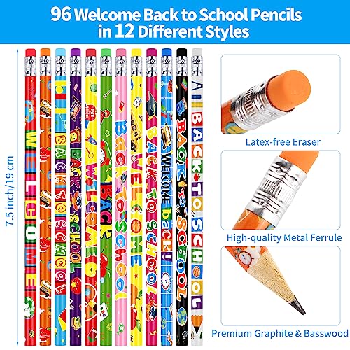 Aodaer 144 Pieces Welcome Back to School Pencils and Pencil Sharpeners First Day of School Student Pencils with Erasers and Bucket for Classroom Reward Prizes School Supplies,12 Styles