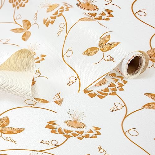 RAY STAR Shelf Liner, 12 Inch x 10 Feet Non Adhesive Golden Leaves Floral Cabinet Liner for Pantry Drawer Vanity, Strong Grip Non Slip Waterproof, Shelf Liners for Kitchen Cabinets Organization