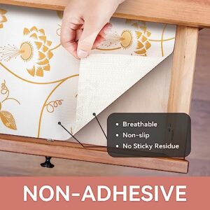 RAY STAR Shelf Liner, 12 Inch x 10 Feet Non Adhesive Golden Leaves Floral Cabinet Liner for Pantry Drawer Vanity, Strong Grip Non Slip Waterproof, Shelf Liners for Kitchen Cabinets Organization