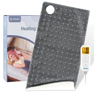 atasa heating pad for back pain relief & cramp, electric heat pad with 9 heat level, 11 auto shut off, lcd controller, dry/moist heated for waist/abdomen/shoulder/neck, machine-washable, gray