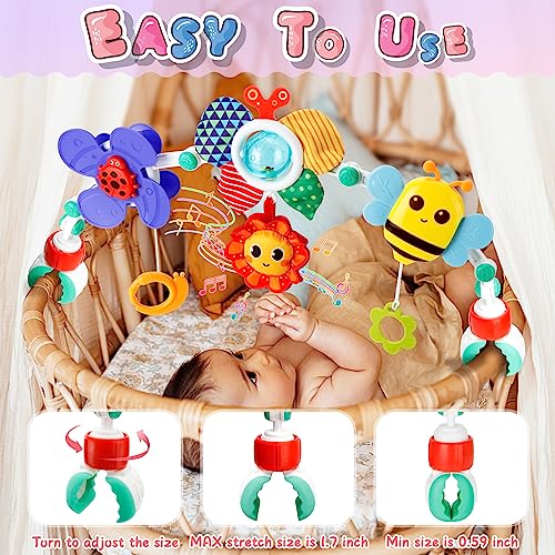 Baby Stroller Arch Toy, Adjustable Baby Stroller Car Seat Toys for Babies 0-6 months, Montessori Sensory Infant Travel Crib Bouncer Bassinet Activity Arch Toys for Toddler Boy Girl 0 3 6 9 12 Months