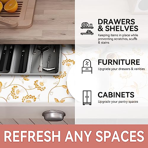 RAY STAR Shelf Liner, Non Adhesive Golden Leaves Floral Cabinet Liner for Pantry Drawer, Strong Grip Non Slip Waterproof, Shelf Liners for Kitchen Cabinets Organization 18 Inch x 8 FT (2 Rolls)