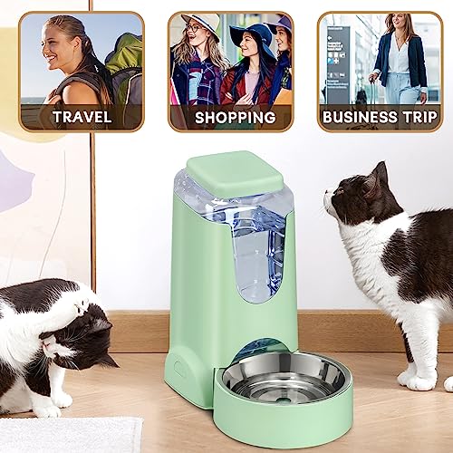 2 Pack Automatic Cat Feeder and Water Dispenser with Stainless Steel Dog Bowl Gravity Self Feeding for Small Medium Pets Puppy Kitten 1 Gallon x 2 (Green)