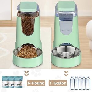 2 Pack Automatic Cat Feeder and Water Dispenser with Stainless Steel Dog Bowl Gravity Self Feeding for Small Medium Pets Puppy Kitten 1 Gallon x 2 (Green)