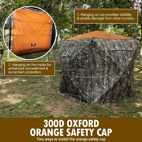 Hunthor Hunting Blind, 270° See Through Hunting Ground Blinds with Silent Zipper and Orange Blind Cap, Portable 2-3 Person Pop Up Hunting Tent for Deer and Turkey Hunting with Carry Bag