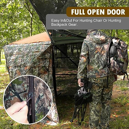 Hunthor Hunting Blind, 270° See Through Hunting Ground Blinds with Silent Zipper and Orange Blind Cap, Portable 2-3 Person Pop Up Hunting Tent for Deer and Turkey Hunting with Carry Bag