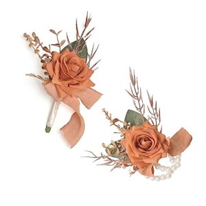 ysucau burnt orange rose wrist corsage wristlet band bracelet and men boutonniere set for wedding, artificial flower wrist corsage bracelets for fall wedding homecoming prom suit decorations