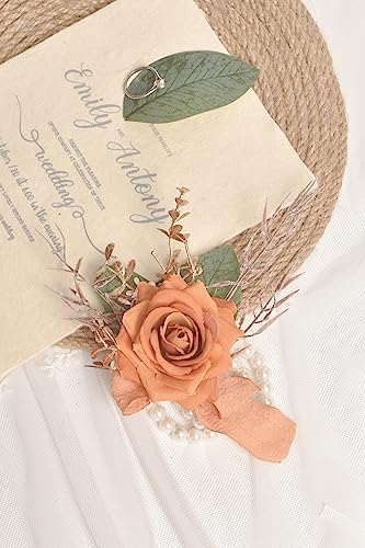 YSUCAU Burnt Orange Rose Wrist Corsage Wristlet Band Bracelet and Men Boutonniere Set for Wedding, Artificial Flower Wrist Corsage Bracelets for Fall Wedding Homecoming Prom Suit Decorations