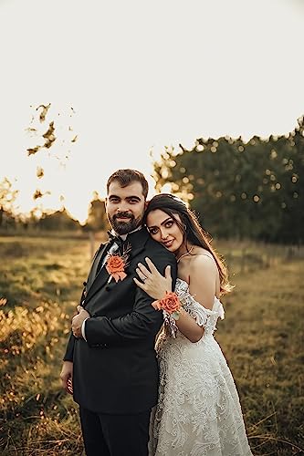 YSUCAU Burnt Orange Rose Wrist Corsage Wristlet Band Bracelet and Men Boutonniere Set for Wedding, Artificial Flower Wrist Corsage Bracelets for Fall Wedding Homecoming Prom Suit Decorations