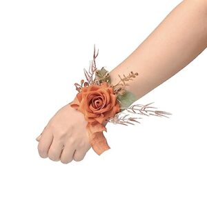 YSUCAU Burnt Orange Rose Wrist Corsage Wristlet Band Bracelet and Men Boutonniere Set for Wedding, Artificial Flower Wrist Corsage Bracelets for Fall Wedding Homecoming Prom Suit Decorations