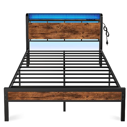 Furnulem Queen Bed Frame with LED Lights,Industrial Storage Headboard with Power Outlet and USB Port,Wood Platform with Strong Metal Support,No Box Spring Needed, Noise Free