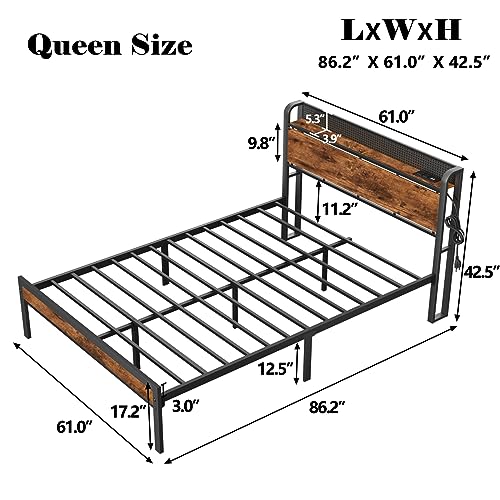 Furnulem Queen Bed Frame with LED Lights,Industrial Storage Headboard with Power Outlet and USB Port,Wood Platform with Strong Metal Support,No Box Spring Needed, Noise Free