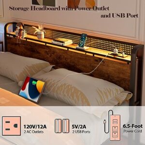 Furnulem Queen Bed Frame with LED Lights,Industrial Storage Headboard with Power Outlet and USB Port,Wood Platform with Strong Metal Support,No Box Spring Needed, Noise Free