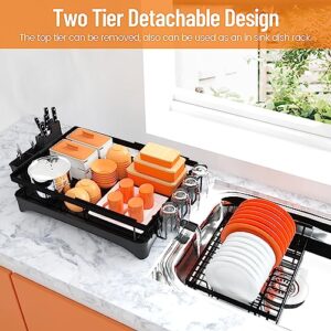 Large Dish Drying Rack for Kitchen Counter, 2 Tier Stainless Steel Kitchen Dish Rack Drainer Black,Countertop Dish Dryer Rack with Drainboard,Utensil Holder,Cups Holder,Large Capacity(16.5*11.8*13 IN)