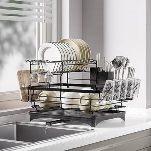 montnorth dish drying rack for kitchen counter, large rust-proof dish strainer with drainboard,2 tier dish drainers with utensil holder, cups holder,space-saving, easy to assemble,black