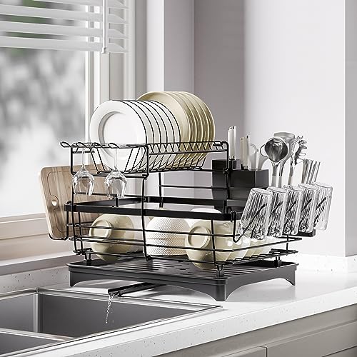 MontNorth Dish Drying Rack for Kitchen Counter, Large Rust-Proof Dish Strainer with Drainboard,2 Tier Dish Drainers with Utensil Holder, Cups Holder,Space-Saving, Easy to Assemble,Black