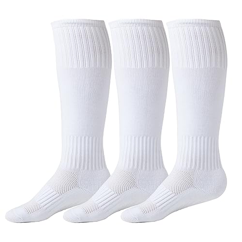 EPEIUS Kids Soccer Socks Boys Knee High Socks with Non-Slip Grip Team Tube Socks Kids Girls Softball Baseball Socks for Youth Kids Multi-Sport Socks 7-10 Years White 3 Pack