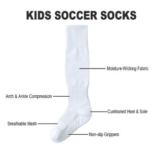 EPEIUS Kids Soccer Socks Boys Knee High Socks with Non-Slip Grip Team Tube Socks Kids Girls Softball Baseball Socks for Youth Kids Multi-Sport Socks 7-10 Years White 3 Pack