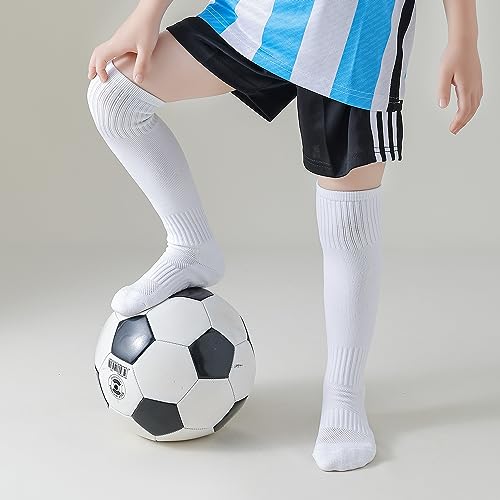 EPEIUS Kids Soccer Socks Boys Knee High Socks with Non-Slip Grip Team Tube Socks Kids Girls Softball Baseball Socks for Youth Kids Multi-Sport Socks 7-10 Years White 3 Pack