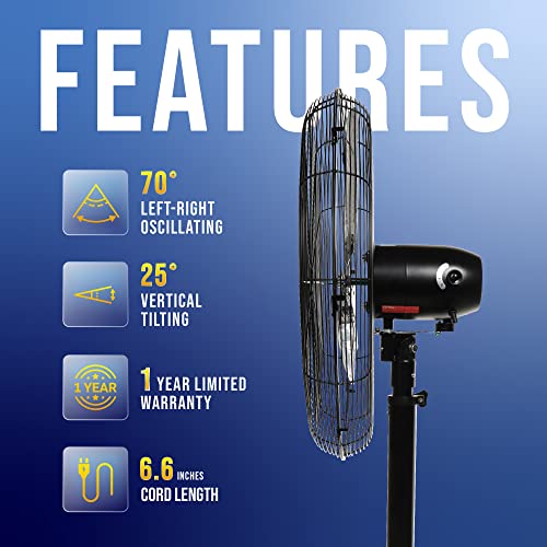 Tornado 24 Inch High Velocity Oscillating Metal Pedestal Fan Commercial, Industrial Use 3 Speed 7600 CFM 1/4 HP 6.6 FT Cord UL Safety Listed