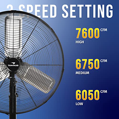 Tornado 24 Inch High Velocity Oscillating Metal Pedestal Fan Commercial, Industrial Use 3 Speed 7600 CFM 1/4 HP 6.6 FT Cord UL Safety Listed