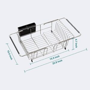 JASIWAY Dish Drying Rack in Sink - Expandable Stainless Steel Dish Drainers for Kitchen Counter, Dish Dryer Rack for Inside Sink, Over The Sink Dish Racks with Utensil Holder, Silver