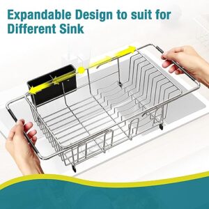 JASIWAY Dish Drying Rack in Sink - Expandable Stainless Steel Dish Drainers for Kitchen Counter, Dish Dryer Rack for Inside Sink, Over The Sink Dish Racks with Utensil Holder, Silver