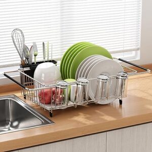 JASIWAY Dish Drying Rack in Sink - Expandable Stainless Steel Dish Drainers for Kitchen Counter, Dish Dryer Rack for Inside Sink, Over The Sink Dish Racks with Utensil Holder, Silver