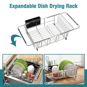 JASIWAY Dish Drying Rack in Sink - Expandable Stainless Steel Dish Drainers for Kitchen Counter, Dish Dryer Rack for Inside Sink, Over The Sink Dish Racks with Utensil Holder, Silver