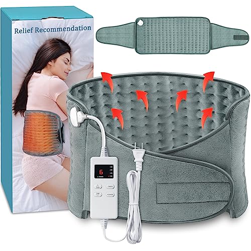 Upgraded Heating Pad for Back Pain Relief Electric Heating Pads for Cramps with Belt (12"x24"+20'') 4 Auto Off & 6 Heat Level Large Menstrual Heating Pad XL Moist/Dry Heat Pad for Neck and Shoulder