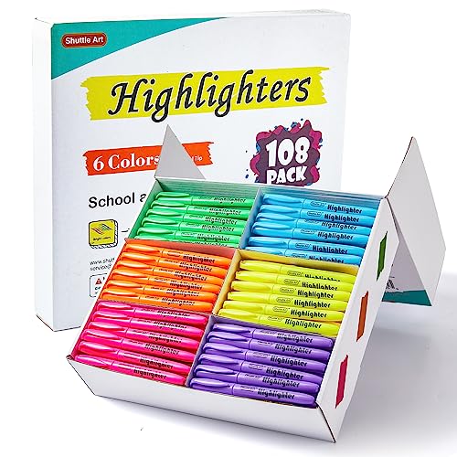 Shuttle Art 108 Pack Highlighters, Highlighters Assorted Colors Set, 6 Bright Colors Chisel Tip Dry-Quickly Non-Toxic Highlighter Markers Bulk for Adults Kids Highlighting in Home School Office