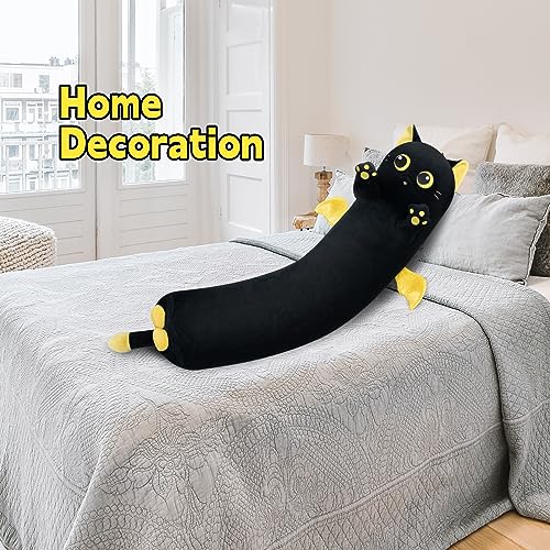 Mewaii Long Cat Plush Body Pillow, 53” Cute Black Cat Stuffed Animals Halloween Plushies, Kawaii Big Squishy Plush Toys Gift for Kids Girls Boys