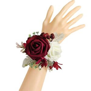emivery 6pcs burgundy flowers wrist corsage, wrist rose flower corsage wristlet band bracelets wedding prom party hand flower decor