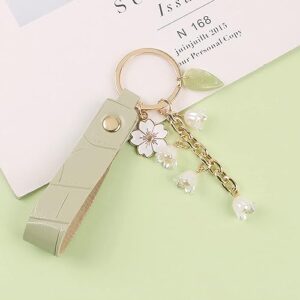 LAEKOU Lily of The Valley Flower Key Chain Green Leather Keychain for Car Keys, Key Chains Accessories for Women And Girls Gifts