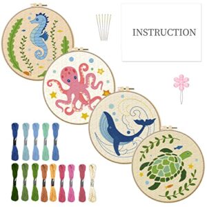 infunly 4 sets embroidery kit for beginners with sea animals pattern diy embroidery kit for adults ocean embroidery art kit cross stitch kit for adults with plastic embroidery hoops threads needles